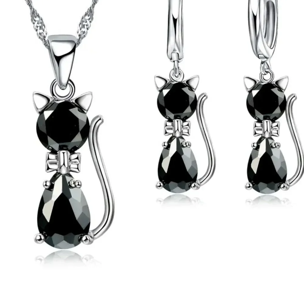 ⭐4pc Bundle Sale⭐ Black Diamond Kitty Pendant, Earrings &18